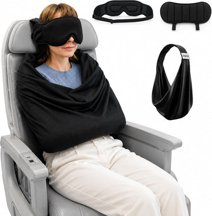 Wearable Travel Comfort Kit – 3-in-1 Sleep Mask, Soft Travel Blanket & Carrying Bag